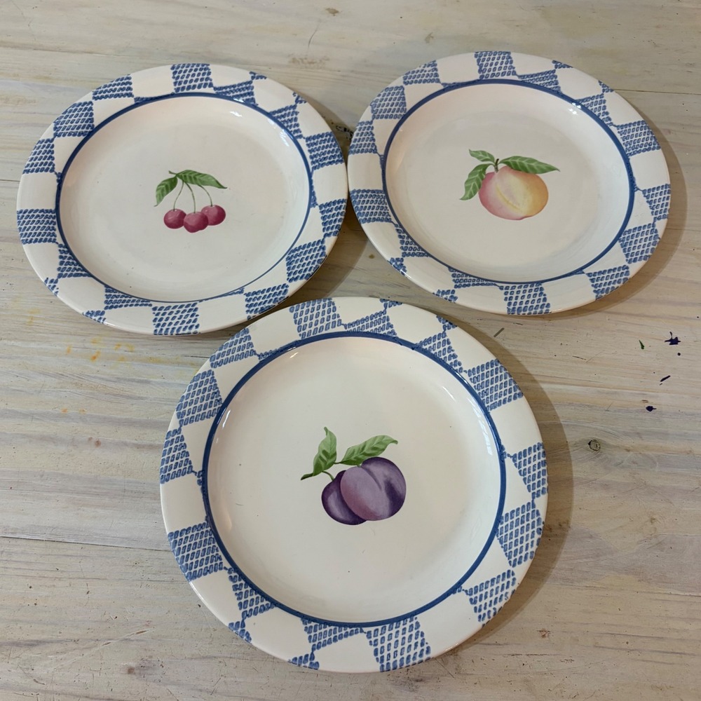 Pfaltzgraff Hopscotch Set of 3 Salad Plates Blue Lattice USA Stoneware